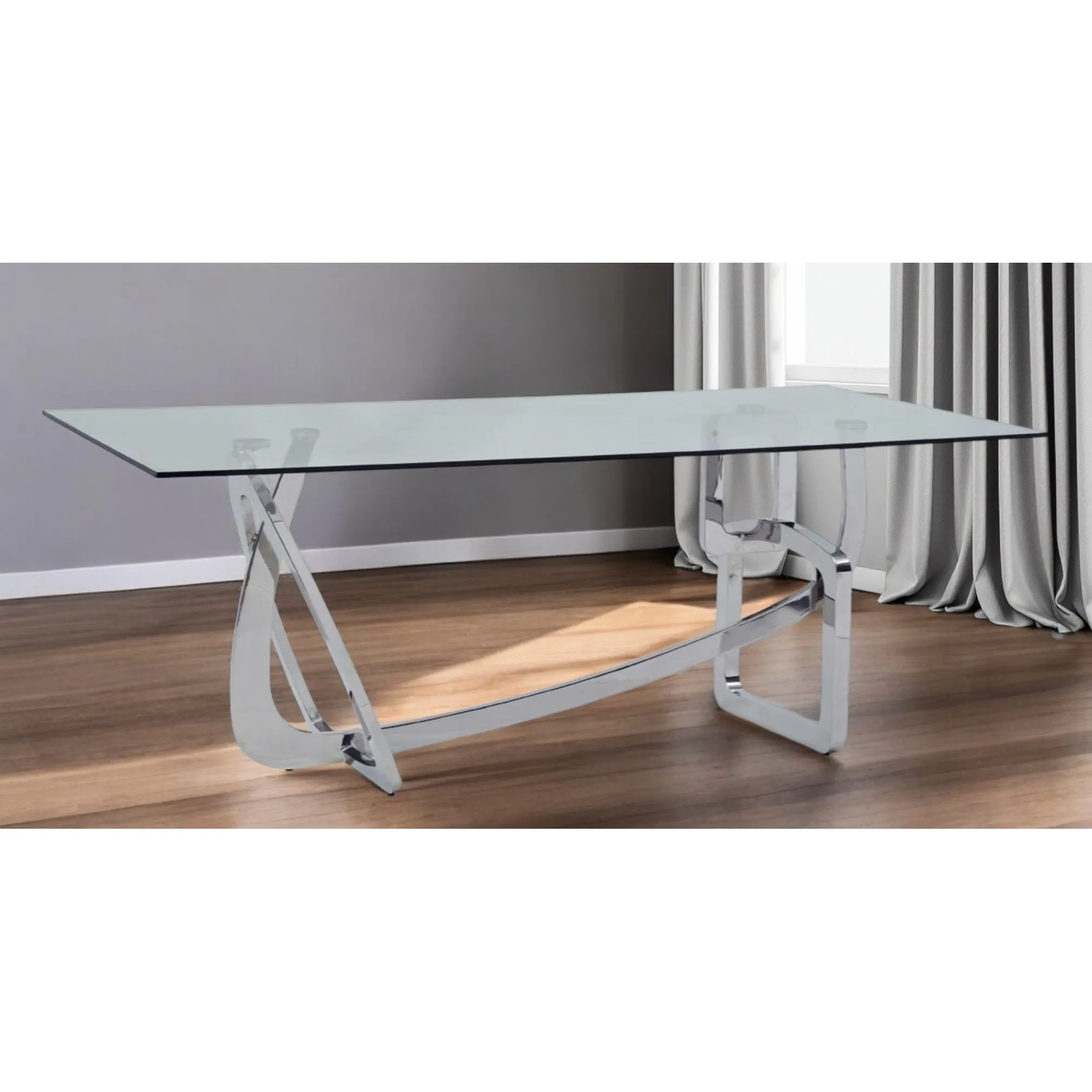 Goldoma 79" Clear Glass Dining Table with Silver Stainless Steel Base