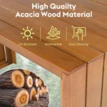 5 Piece Modern Eco-Friendly Acacia Wood Outdoor Bar Set with Bar Height Table Four Stools Cushions for Backyard Poolside