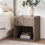 Modern fluted nightstand with drawer in ash brown, featuring a spacious drawer and open shelf for storage