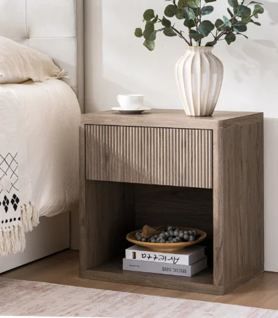 Modern fluted nightstand with drawer in ash brown, featuring a spacious drawer and open shelf for storage