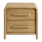 Modern wooden nightstand with two drawers featuring solid wood veneer and plywood frame, perfect for bedroom storage