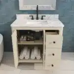 Three-quarter view of the assembled bathroom vanity cabinet, highlighting its clean lines and ample storage.