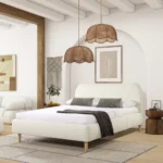 Goldoma Roman Curved Headboard Upholstered Platform Bed in queen size with ivory white boucle fabric