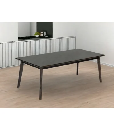 Goldoma 87" black and rose gold rectangular dining table with high-gloss finish in a modern dining room setting