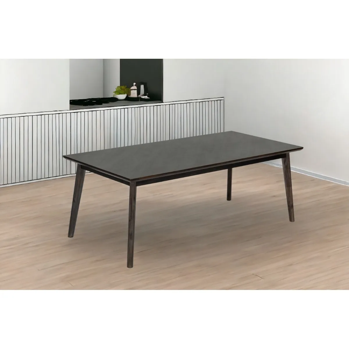 H232d0e65b5ea4269b80078e639185c4eQ.webp Goldoma 87" black and rose gold rectangular dining table with high-gloss finish in a modern dining room setting
