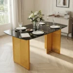 Modern glass dining table set with marble pattern and gold metal legs in a dining room setting