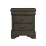 Classic Louis Philippe nightstand with two drawers in stained gray finish displayed in a traditional bedroom setting