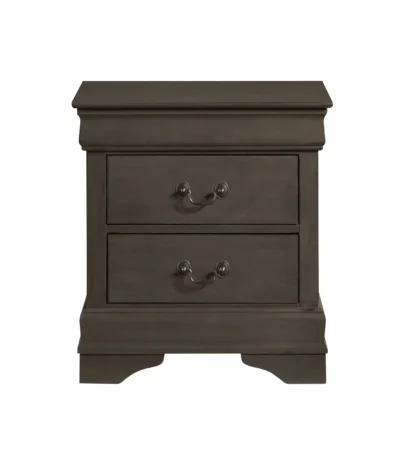 Classic Louis Philippe nightstand with two drawers in stained gray finish displayed in a traditional bedroom setting