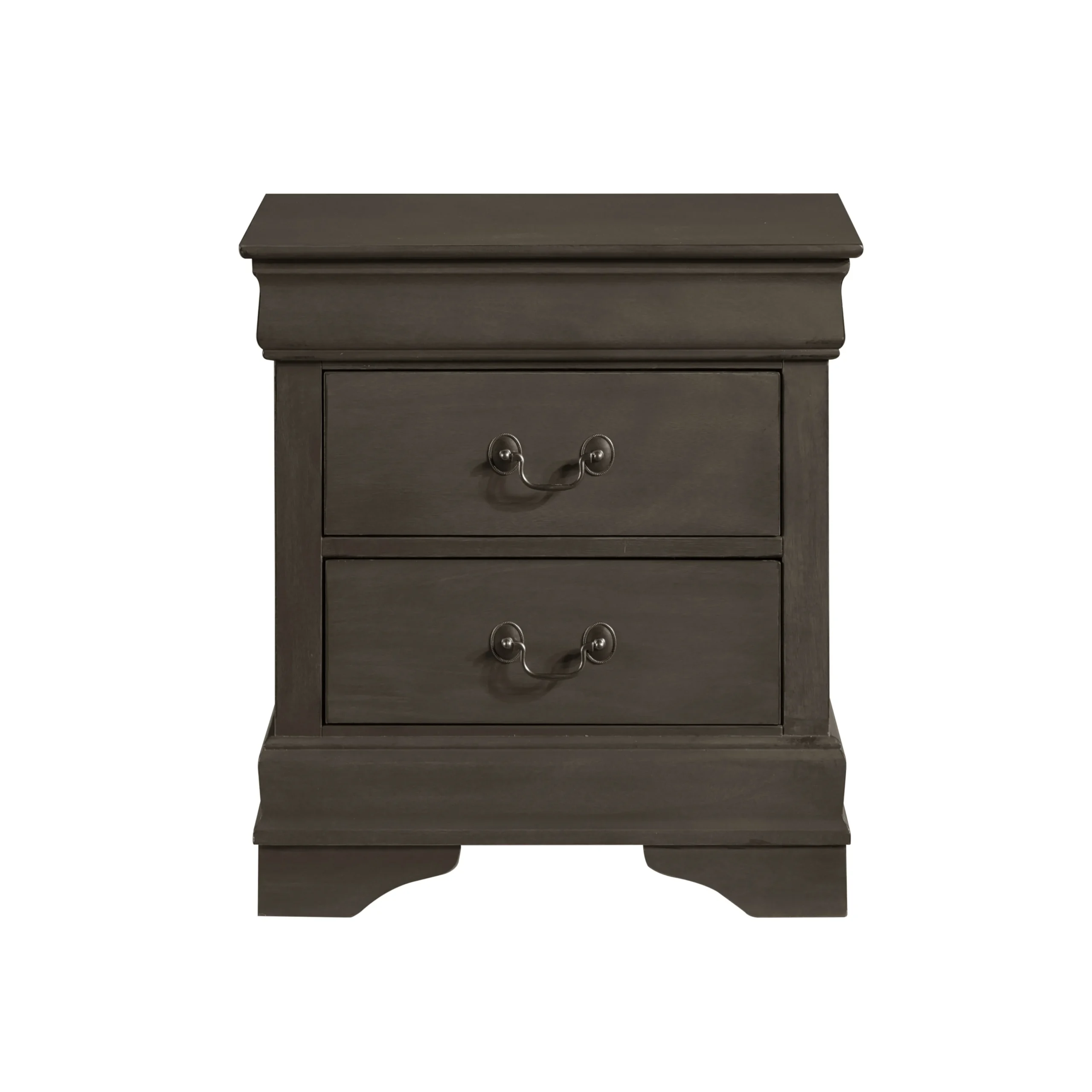 H2381cd84acc048bd94e9b83d374cc1b12.webp Classic Louis Philippe nightstand with two drawers in stained gray finish displayed in a traditional bedroom setting