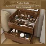 3-in-1 solid wood vanity desk with lighted mirror and flip-top storage stool in a modern bedroom setting