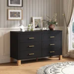 Modern 6-drawer double dresser with metal handles and solid wood legs in a kids room - Goldoma black storage cabinet