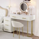 Modern Solid Oak Wood Dresser Vanity Table with adjustable lighted mirror and storage drawers - Goldoma oak wood dresser vanity