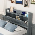 Twin solid wood bed frame with storage headboard and three drawers in white finish