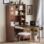 Modern Glass Computer Desk with 90 Degree Rotating Desktop Durable Office Desk with Storage Drawer Shelves and Cabinets