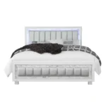 Goldoma LED queen bed with tufted padded headboard, white finish, and storage drawers
