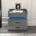 Modern nightstand with adjustable LED strip light and two drawers in glossy grey finish for bedroom storage and bedside organization