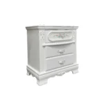 White 2-drawer nightstand with floral motifs and carved details for bedroom storage
