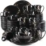 2021 LOVECASA Black 16/32/48 Piece Procelain Dinnerware Set Design By Gold Splash with Dinner Plate,Cake plate,Bowls,Coffee