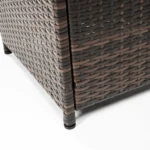 Square propane fire pit table with wicker base on patio