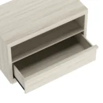 Whitewashed oak nightstand with open shelf and drawer storage for bedroom use