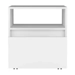 White nightstand with drawer and open shelf on casters, 20 inches tall, modern compact design for bedroom or living room storage