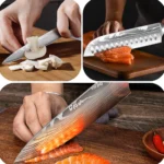 Japanese kitchen knife set with three knives on wooden cutting board