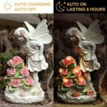 Outdoor fairy statue with a warm glow, surrounded by green foliage and flowers.