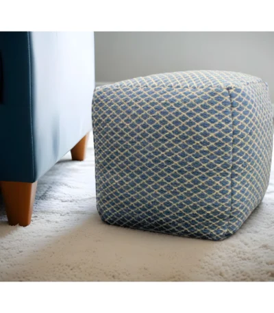 Blue beige wool cube trellis pouf ottoman 18 inch - stylish footrest and extra seat for living room decor