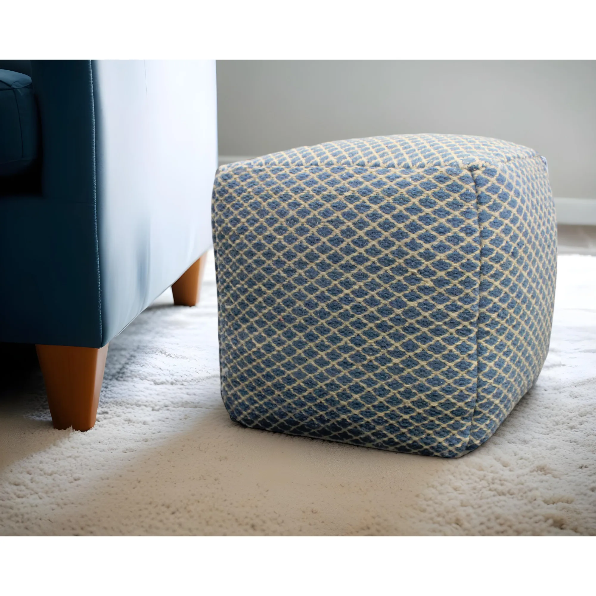 H252eee2c6b5a43529f8b139c3f340c81l.webp Blue beige wool cube trellis pouf ottoman 18 inch - stylish footrest and extra seat for living room decor