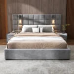 Goldoma queen velvet upholstered bed with built-in USB ports and reading lamp in modern bedroom setting