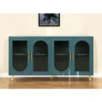 HMS 60 Teal Blue Modern Antique Traditional Ribbed Texture Sideboard Four Doors Mango Wood Furniture for Home Bar Dining Dining