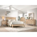 Classic mid-century nightstand with two drawers in natural oak finish, featuring angled legs and lacquered surface.