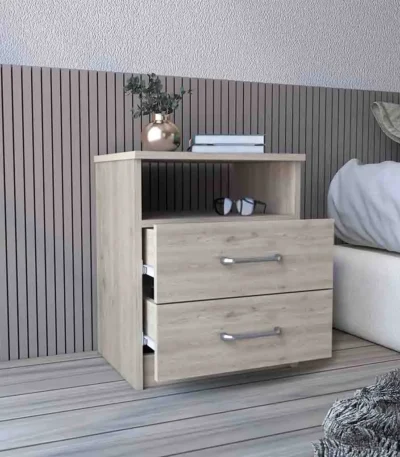Light gray nightstand with two drawers and open shelf, minimalist bedroom storage furniture by Olienza at Goldoma