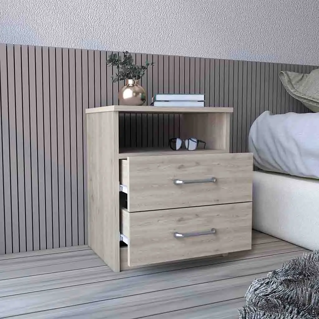 H255ed073a7f248fb869185589f1b4d3cQ.webp Light gray nightstand with two drawers and open shelf, minimalist bedroom storage furniture by Olienza at Goldoma