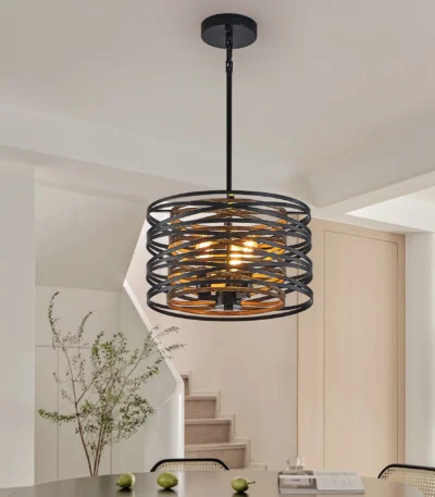 13-inch rustic industrial pendant light with black metal cage and walnut wood accents, hanging over a wooden dining