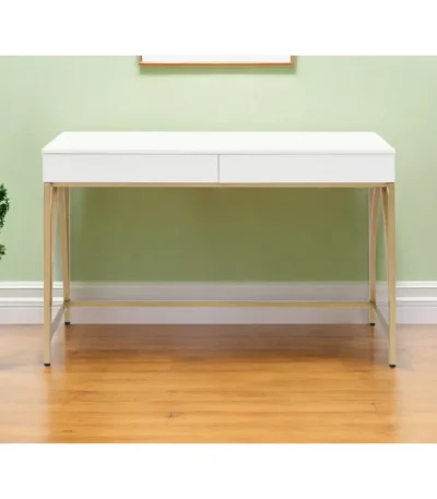 HMS 50 White and Gold Solid Wood Writing Desk with Two Drawers Modern Design Computer Table for Home Office or Hotel Use