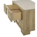 Driftwood nightstand two drawer with wooden construction and minimalist design in bedroom setting