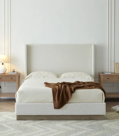 Goldoma adjustable queen wingback bed with 53.1 inch high headboard in fabric upholstery
