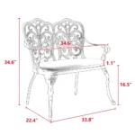 Outdoor metal bench with floral rose design in black finish on a patio