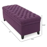 Purple fabric storage ottoman with hidden compartment and birch wood legs in a living room