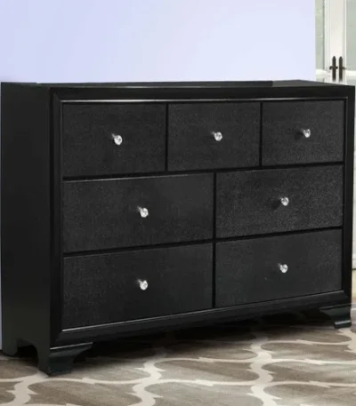 Modern 6-drawer wooden dresser with crystal knobs and bracket feet in black - perfect for bedroom storage
