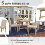Farmhouse dining table set with extendable round solid wood table and four upholstered chairs in natural wood wash finish