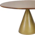 Round pedestal dining table with brown solid wood top and gold iron base, 48 inch, in a dining room setting