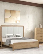 Goldoma adjustable king bed with oak wood frame and channel padded headboard in a modern bedroom setting
