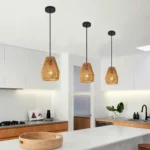 Close-up of handcrafted hemp rope pendant light, showing twisted rope details and wooden ceiling mount, neutral tones.