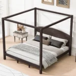 Goldoma modern king size canopy platform bed made of solid wood and plywood with adjustable headboard support legs in a stylish bedroom setting