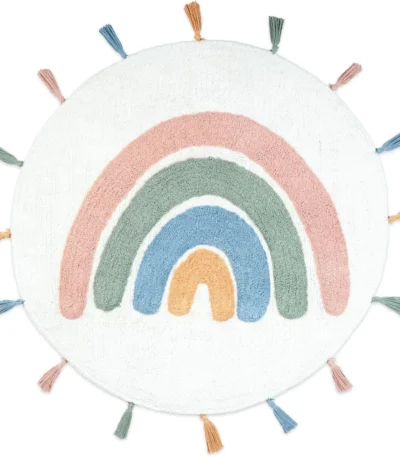 HMS 32" White Blue Pink Cotton Rainbows Bath Rug Youthful Round Bath Mat