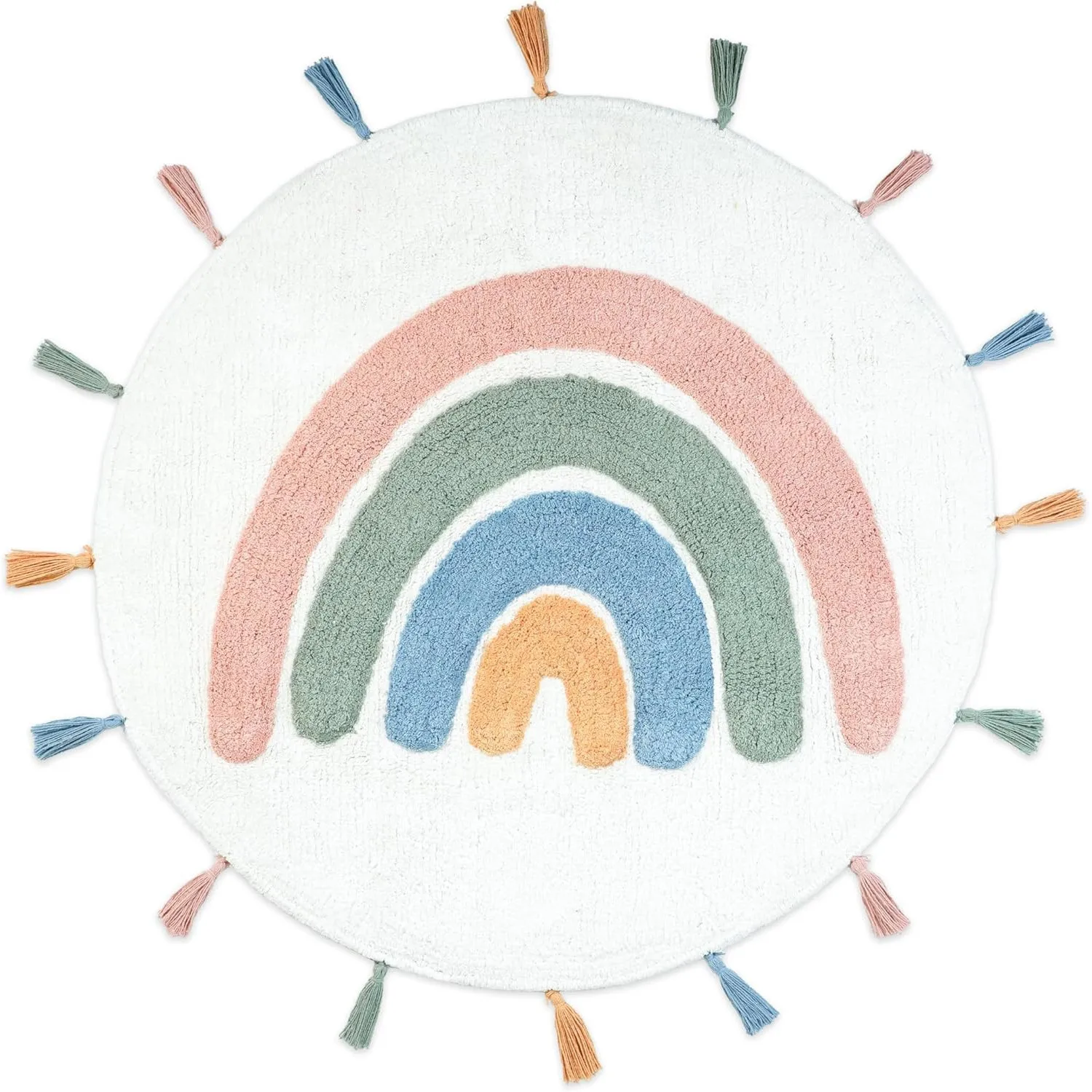 H2701cddcbab742cfb876cae6c9c5ca91Q.webp Vibrant rainbow bath mat with white, blue, and pink stripes in a round shape on a bathroom floor
