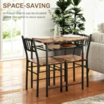 Rustic brown dining table set with two chairs and a storage shelf underneath in a modern industrial style