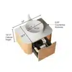 Overhead view of the 24-inch bathroom vanity with round white ceramic sink and natural woodgrain texture, on a light